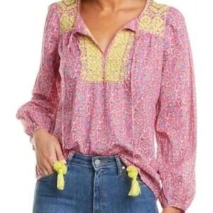 J Crew Starina Pink Yellow Floral Embroidered Cotton Voile Top SZ S Peasant Boho